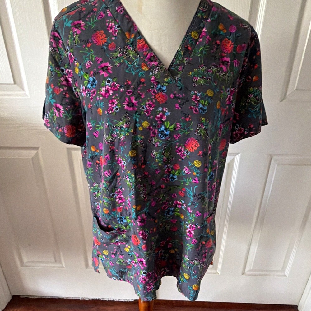 Vince Camuto Womens L Gray Multicolor Floral V-Neck Short Sleeve Tunic Pocket